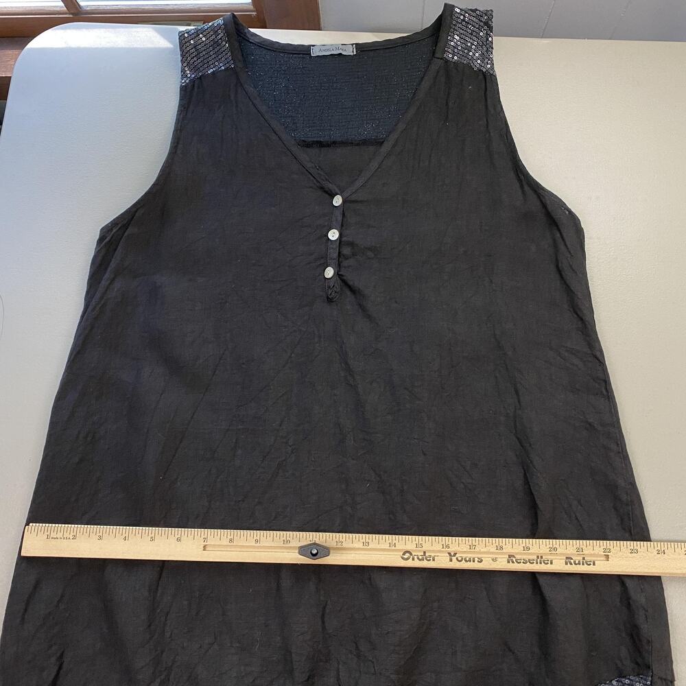 Angela Mara Linen Shift Dress Womens Large Black Sequin Trim Lagenlook Flowy - Picture 8 of 12